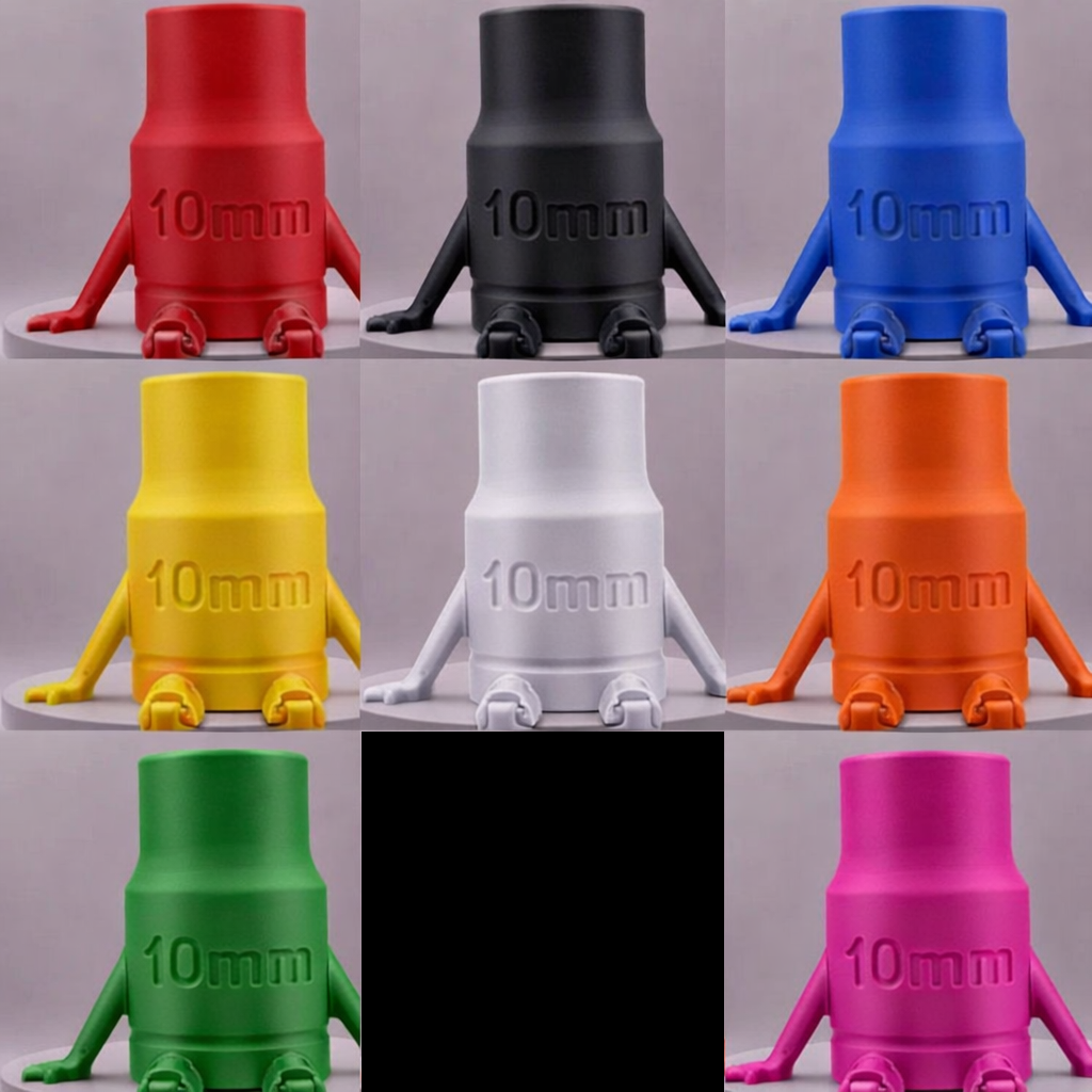 Set of colorful 10mm socket tools arranged in a grid on a gray background.