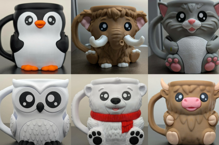 Set of six animal-themed mugs including a penguin, elephant, cat, owl, bear, and cow.