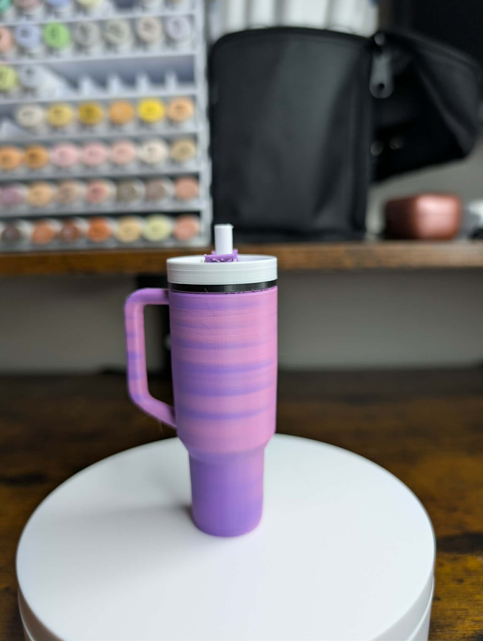 3D printed mini tumbler keychain pink purple with removable lid