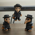 Three small figurines with plague doctor masks and top hats on a reflective surface.