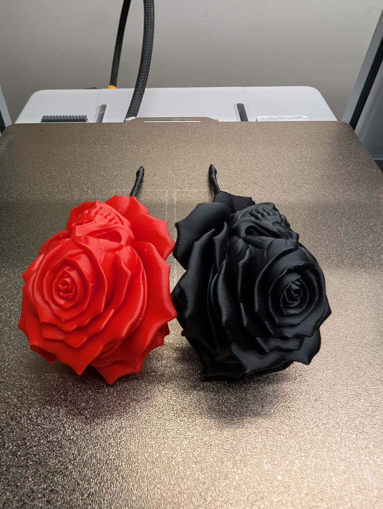 Red and black roses on a metallic surface with a blurred background